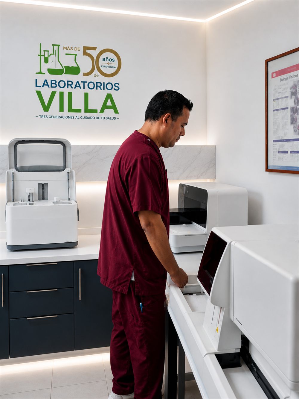 Personal de Laboratorios Villa operando los analizadores automatizados del área analítica