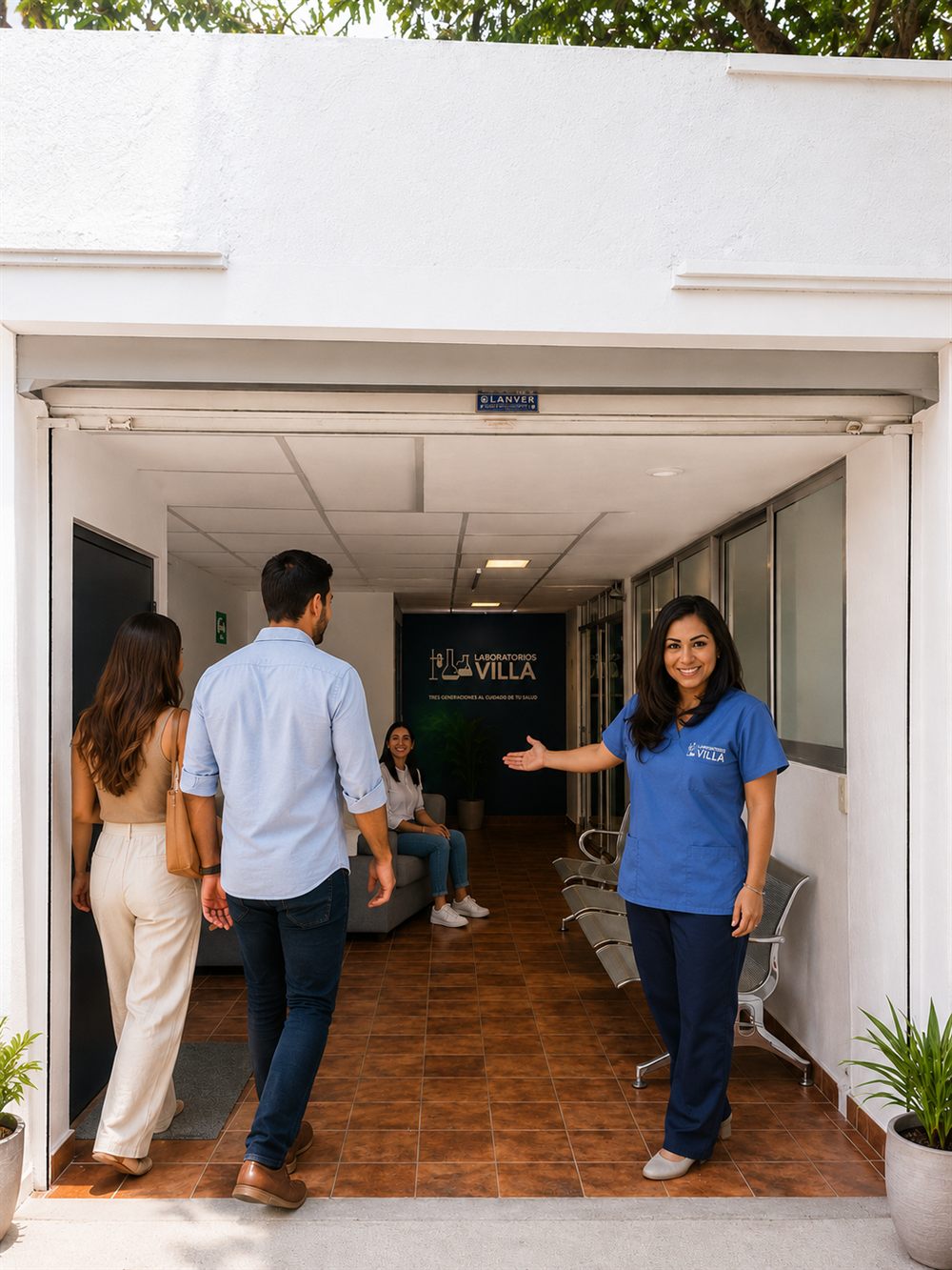 Personal de Laboratorios Villa recibiendo a dos pacientes en la entrada de la sucursal matriz
