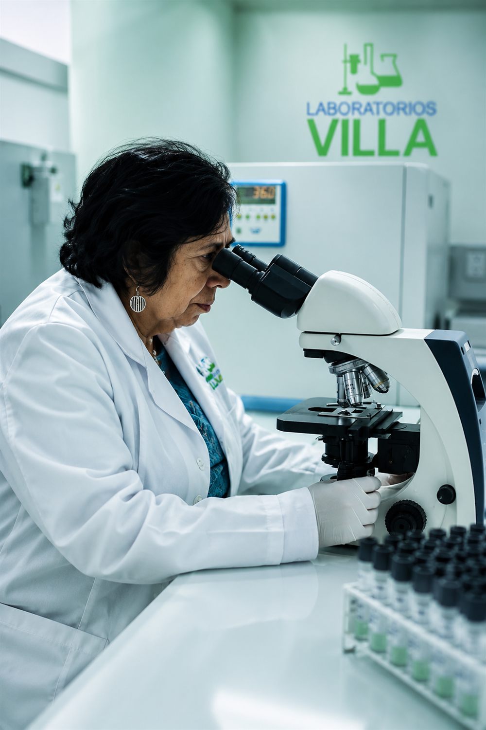 Química clínica revisando una muestra al microscopio junto a una gradilla de tubos