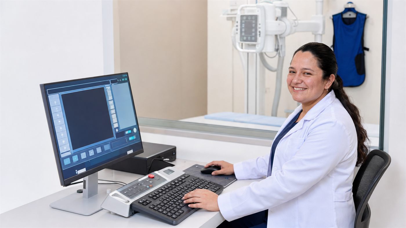 Técnica radióloga de Laboratorios Villa en el equipo de rayos X, junto al panel de control y el mandil plomado