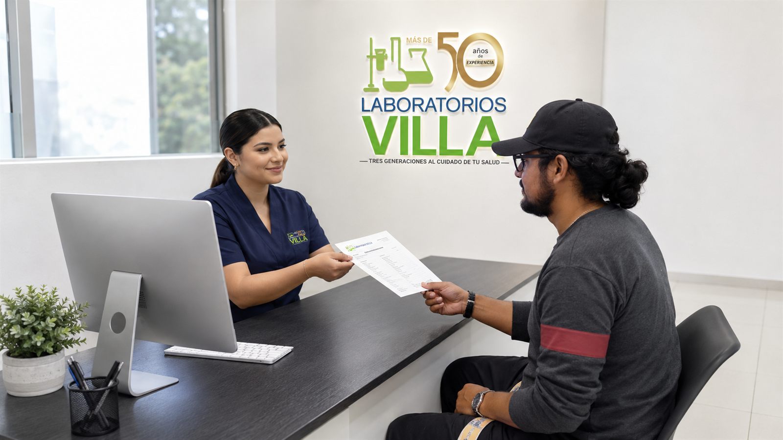 Recepcionista de Laboratorios Villa entregando una hoja a un paciente en el mostrador