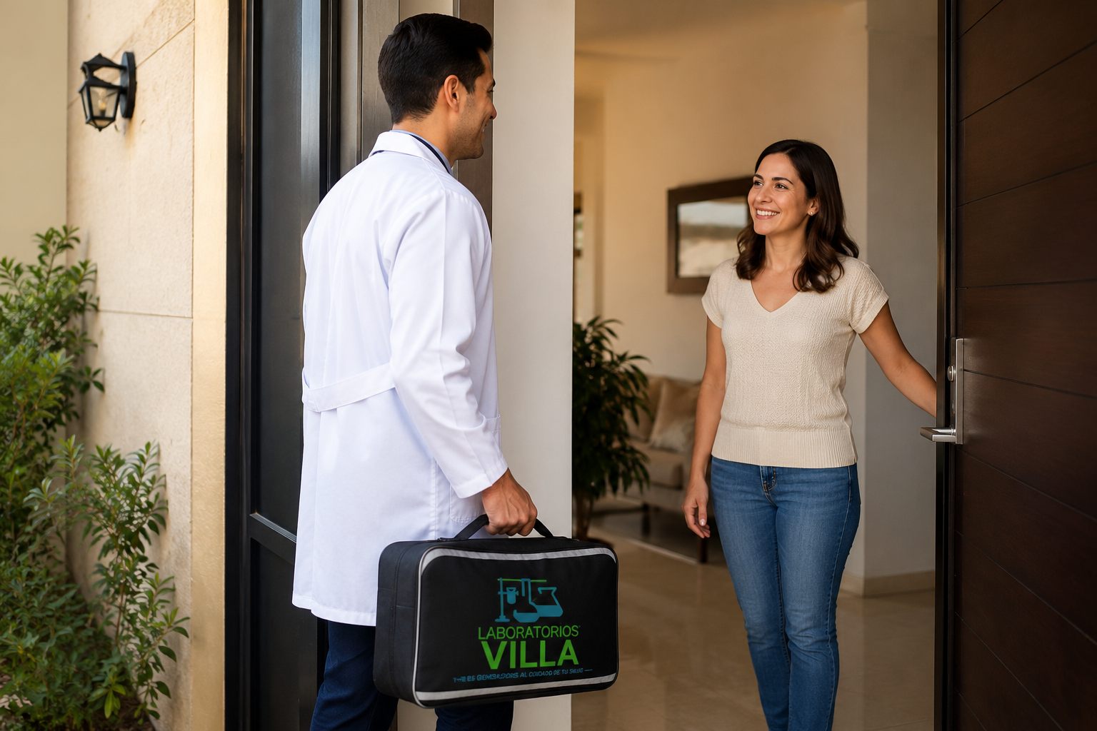 Personal de Laboratorios Villa con maletín de toma de muestra siendo recibido en un domicilio